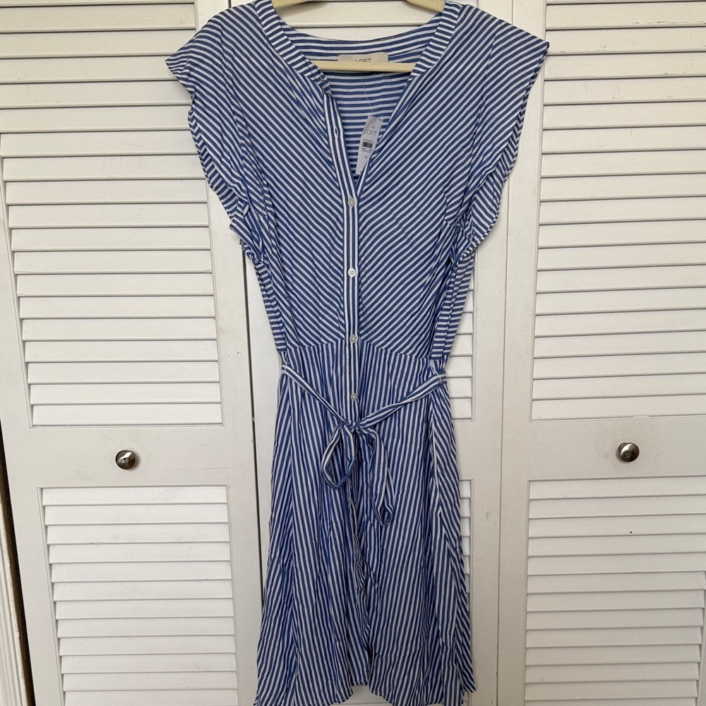 Loft Blue and White Striped Midi Dress with pockets and ruffle sleeves NWT